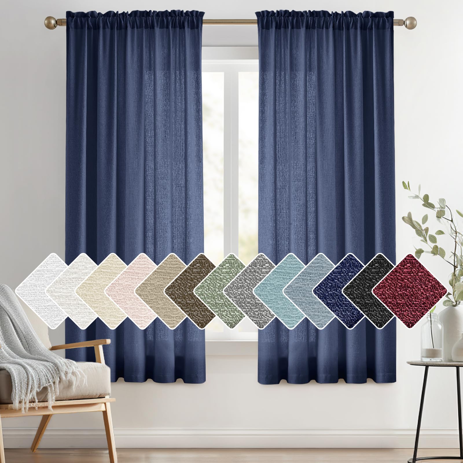 Melodieux Navy Semi Sheer Curtains 54 Inch Length for Bedroom Living Room, Faux Linen Window Privacy Sheer Drapes Rod Pocket, 52