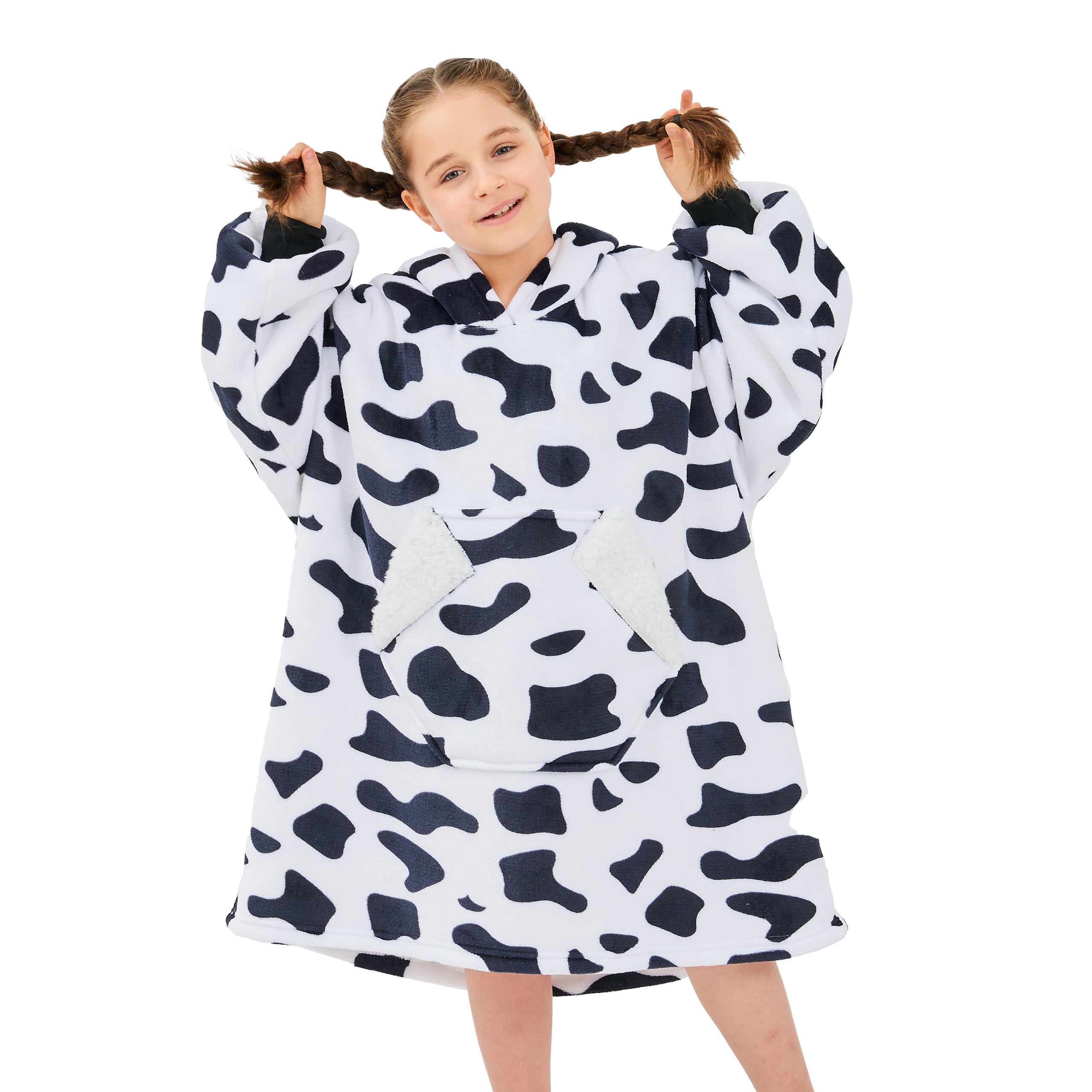 Ramees Wearable Blanket Hoodie For Kids, Sherpa Oversized Sweatshirt Blanket Flannel With Hood Pocket And Sleeves (Cow)