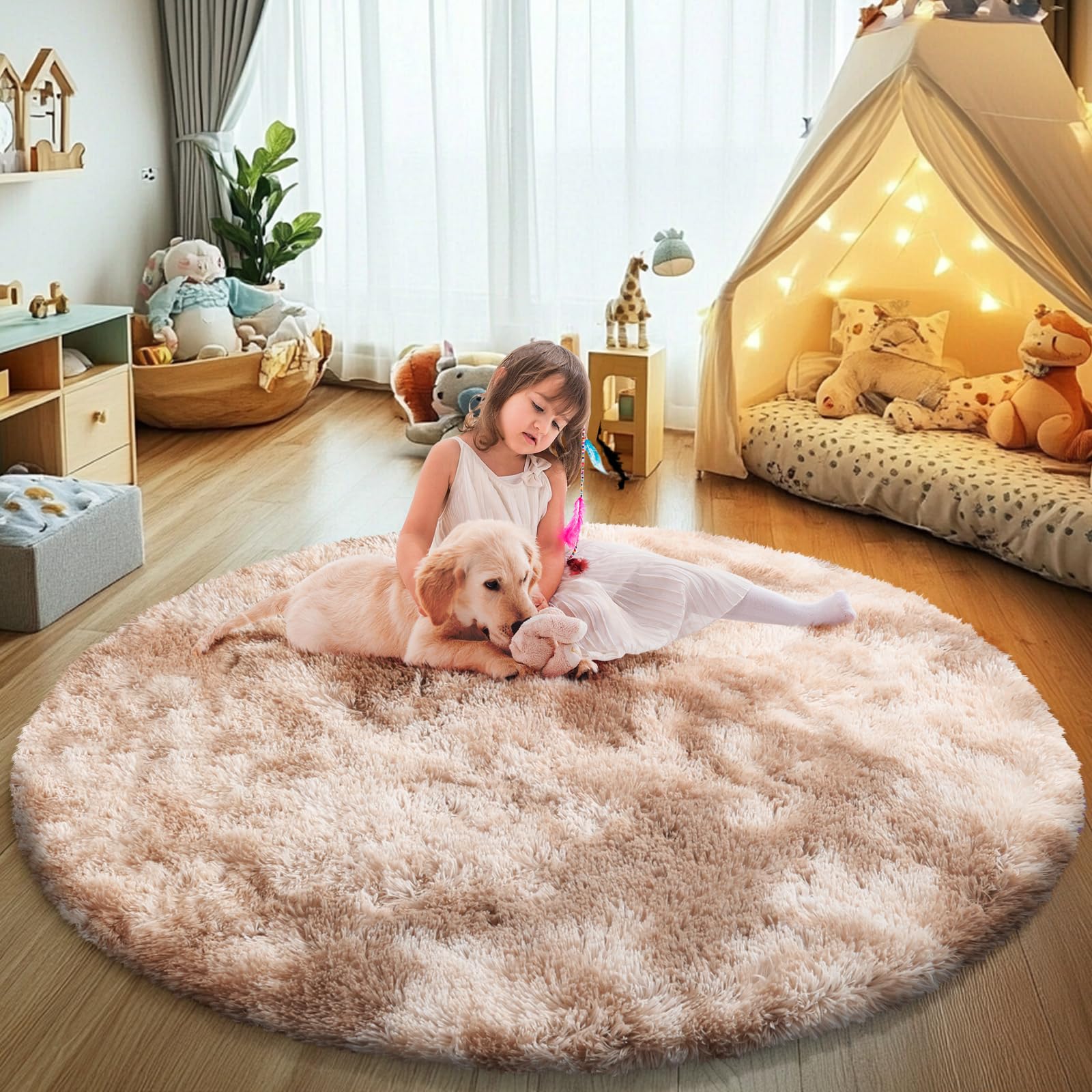 Tie-Dyed Beige Fluffy Round Rug,Soft Area Rugs for Girls Room,Shaggy Rugs 4'X4' for Living Room,Non Slip Circle Rug for Kids Bed