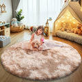 Tie-Dyed Beige Fluffy Round Rug,Soft Area Rugs for Girls Room,Shaggy Rugs 3'X3' for Living Room,Non Slip Circle Rug for Kids Bed