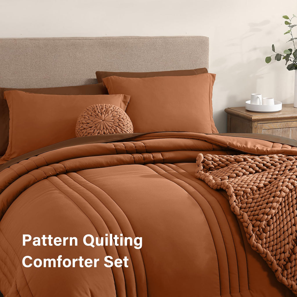 Monbix King Comforter Set - 7 Piece Bed in a Bag, Burnt Orange Microfiber Bedding Set with Sheets and Pillowcases, All Seasons Down Alternative