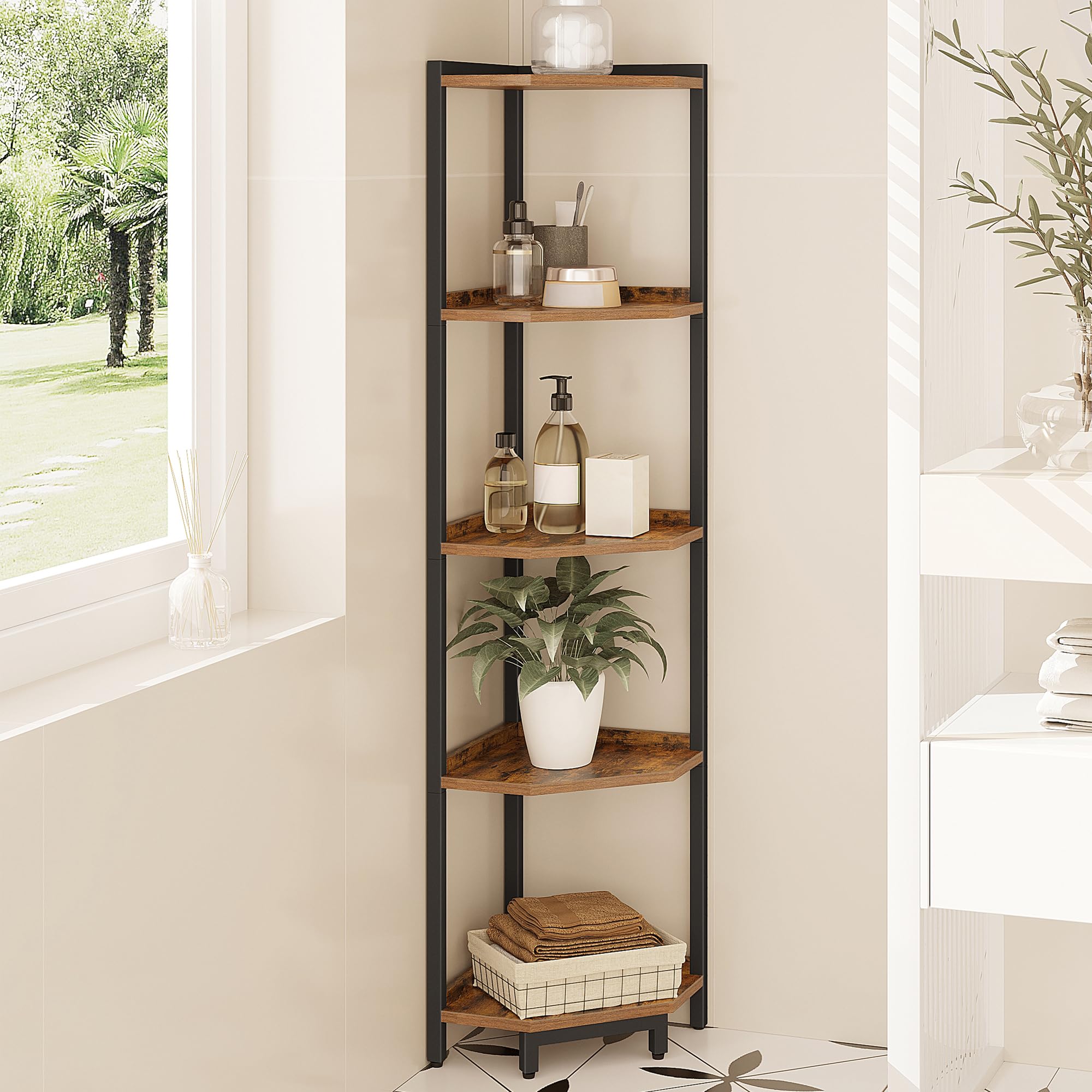 Hzuaneri Corner Shelf Stand, Corner Bookshelf, Storage Standing Shelf Unit With Metal Frame, Plant Stand, Corner Bookcase For Living Room, Home Office, Bedroom, 5-Tier Rustic Brown Cs05901B