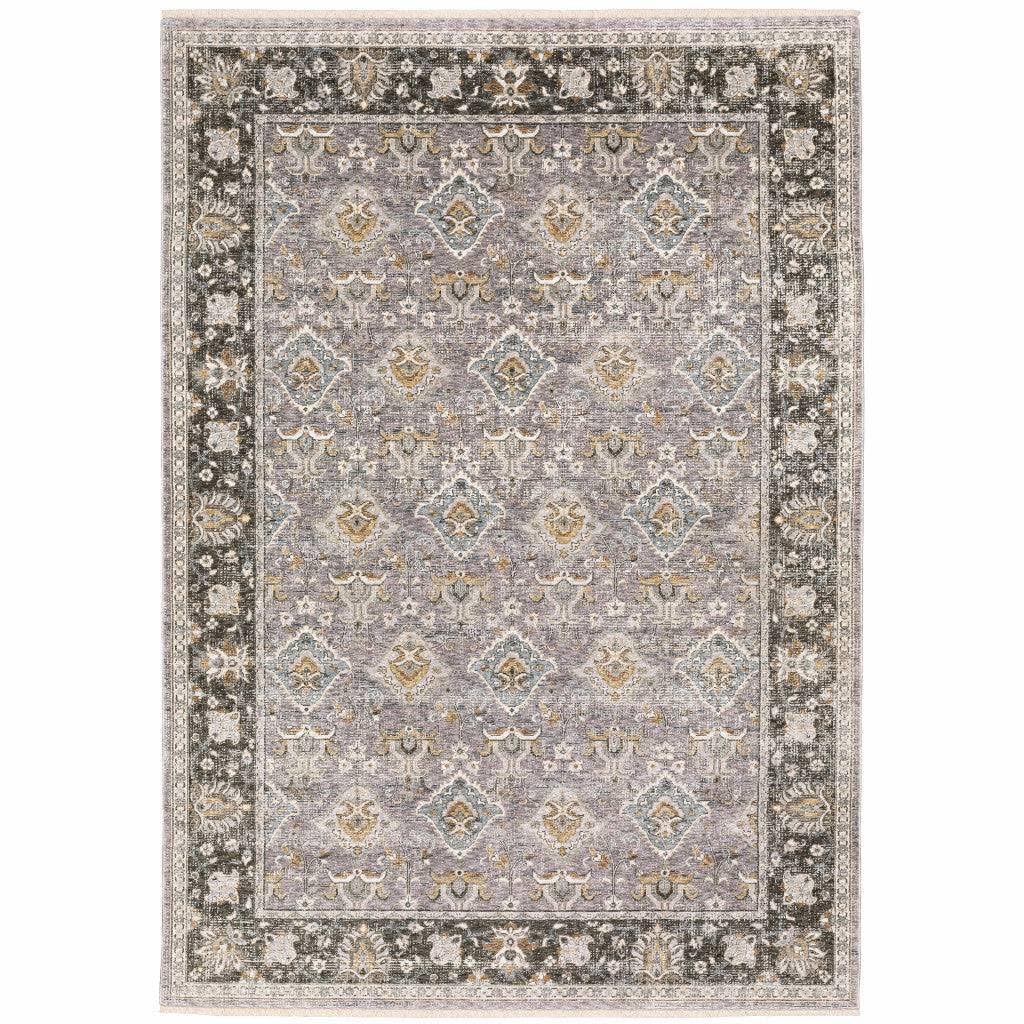 HomeRoots 509432 6 x 9 ft. Gray & Blue Oriental Power Loom Stain Resistant Rectangle Area Rug with Fringe