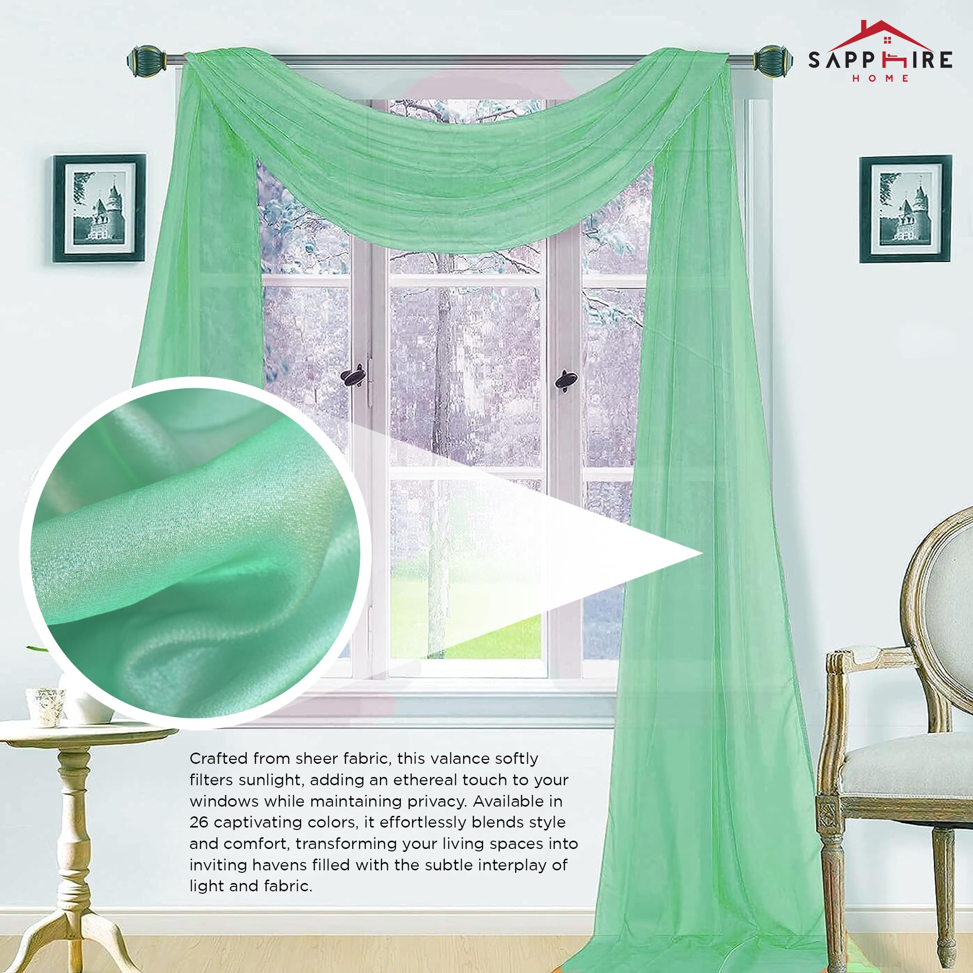 Sapphire Home Window Scarf Valance Curtains - Extra Long Sheer Valances For Windows - Voile Swag Curtains For Living Room, Kitch