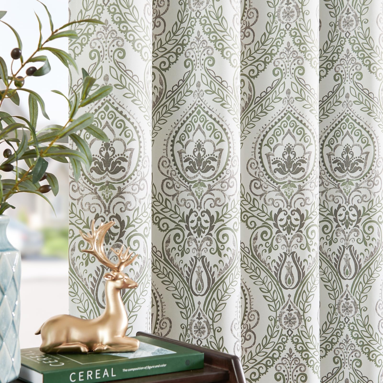 Jinchan 100% Blackout Curtains 84 Inches Long Sage Green Damask Medallion Window Curtains For Bedroom Grommet Thermal Insulated Drapes For Living Room Vintage Luxury Window Treatments Set 2 Panels