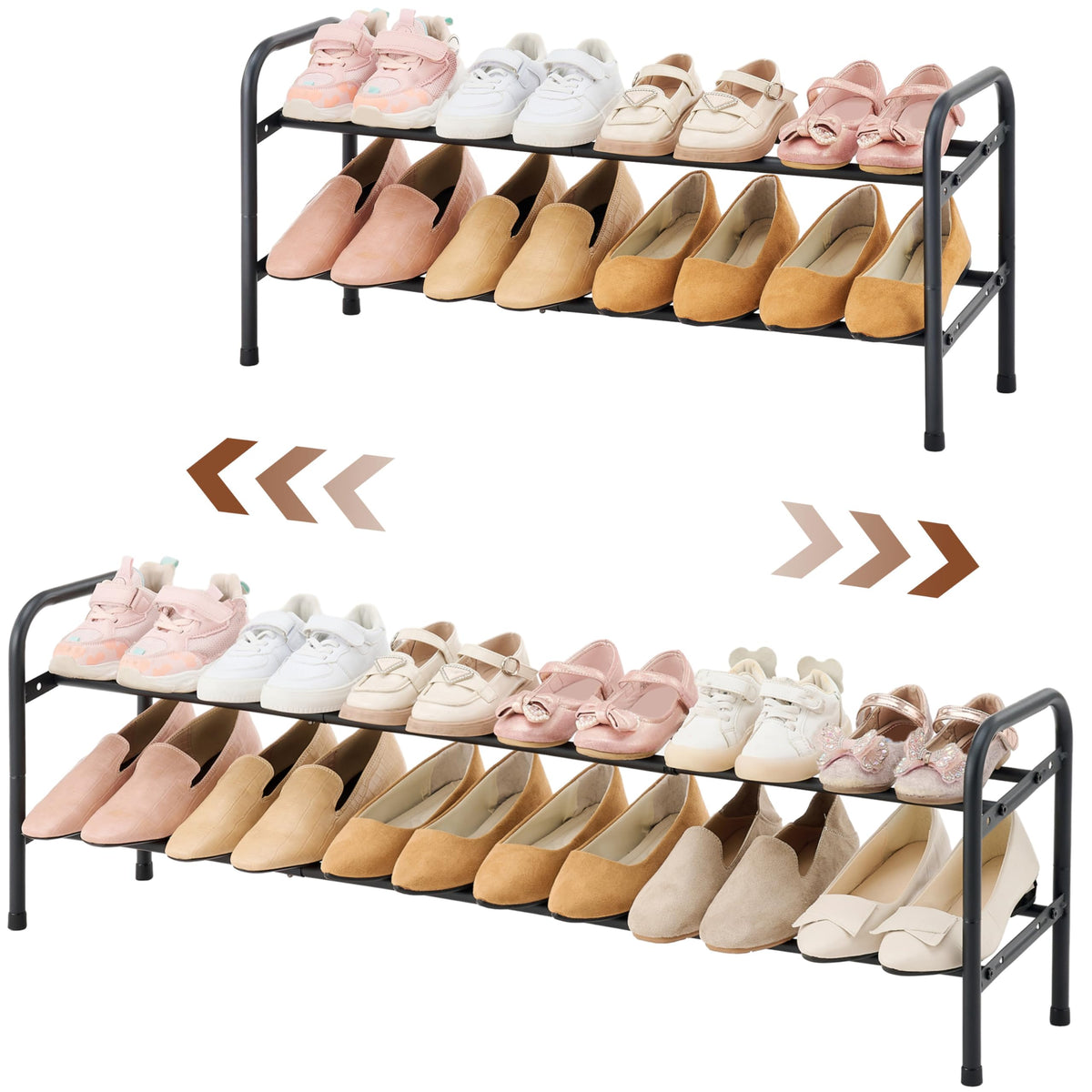 Gewudraw 2-Tier Shoe Rack Expandable, Width Adjustable Shoe Shelf Storage Organizer, 41.53'' Metal Standing Shoe Rack For Bedroom Entryway Closet, Holds Up To 12 Pairs Shoes, Black