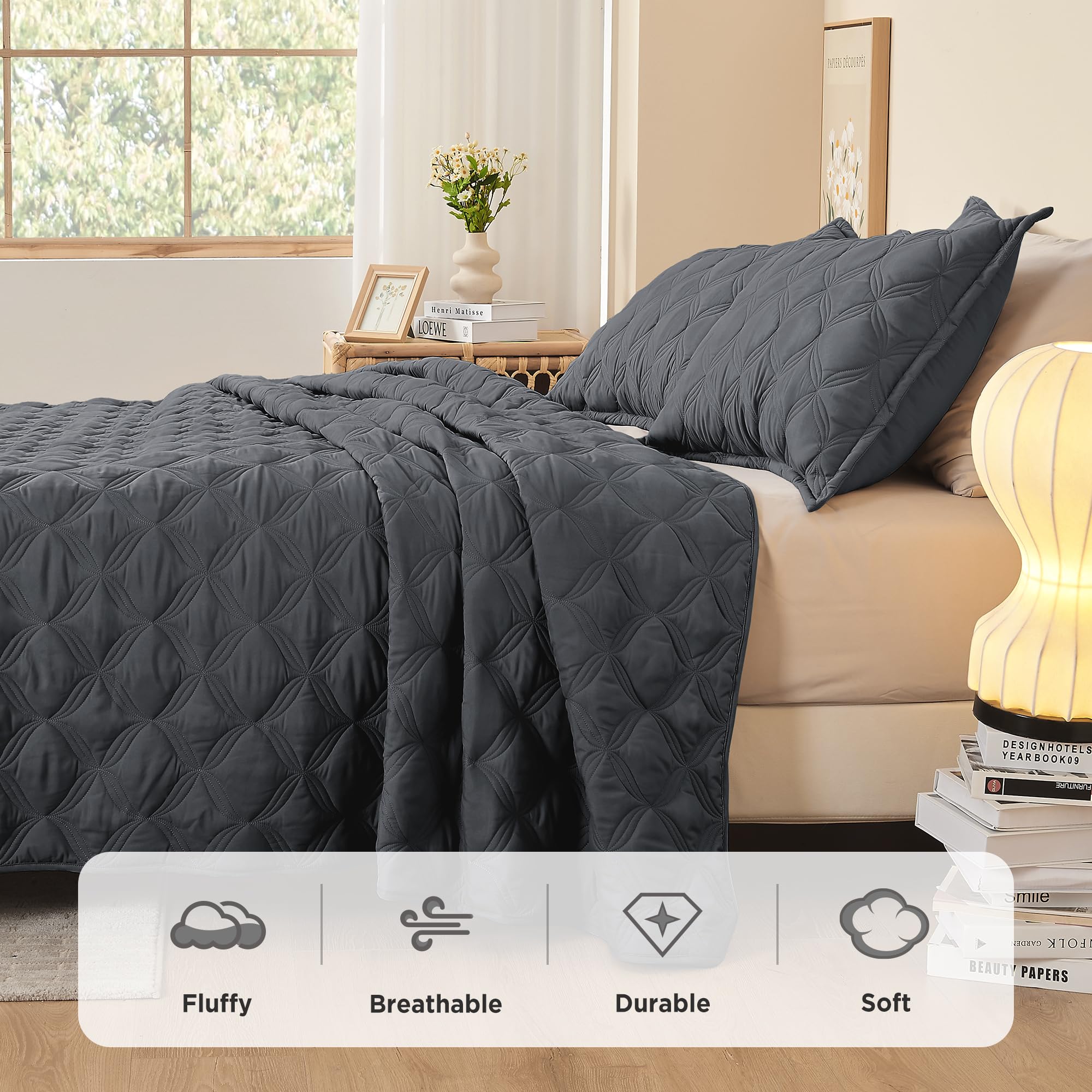 Litanika Oversized King Quilt Set Bedspread 120X120-3 Piece Grey Lightweight Comforter Coverlets Bedding Cover Bed Decor All Sea