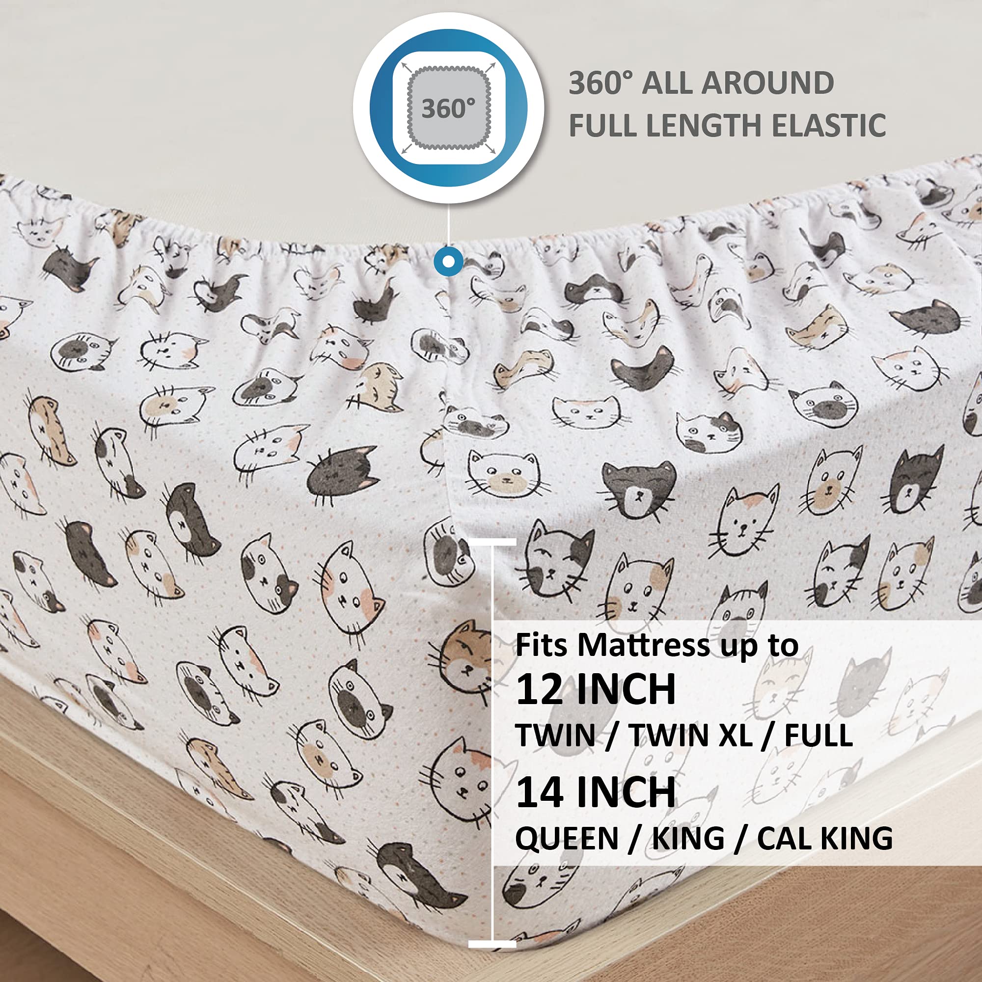 Comfort Spaces Cotton Flannel Breathable Warm, Deep Pocket Sheets With Pillow Case Bedding, Queen, Grey/Pink Cats 4 Piece
