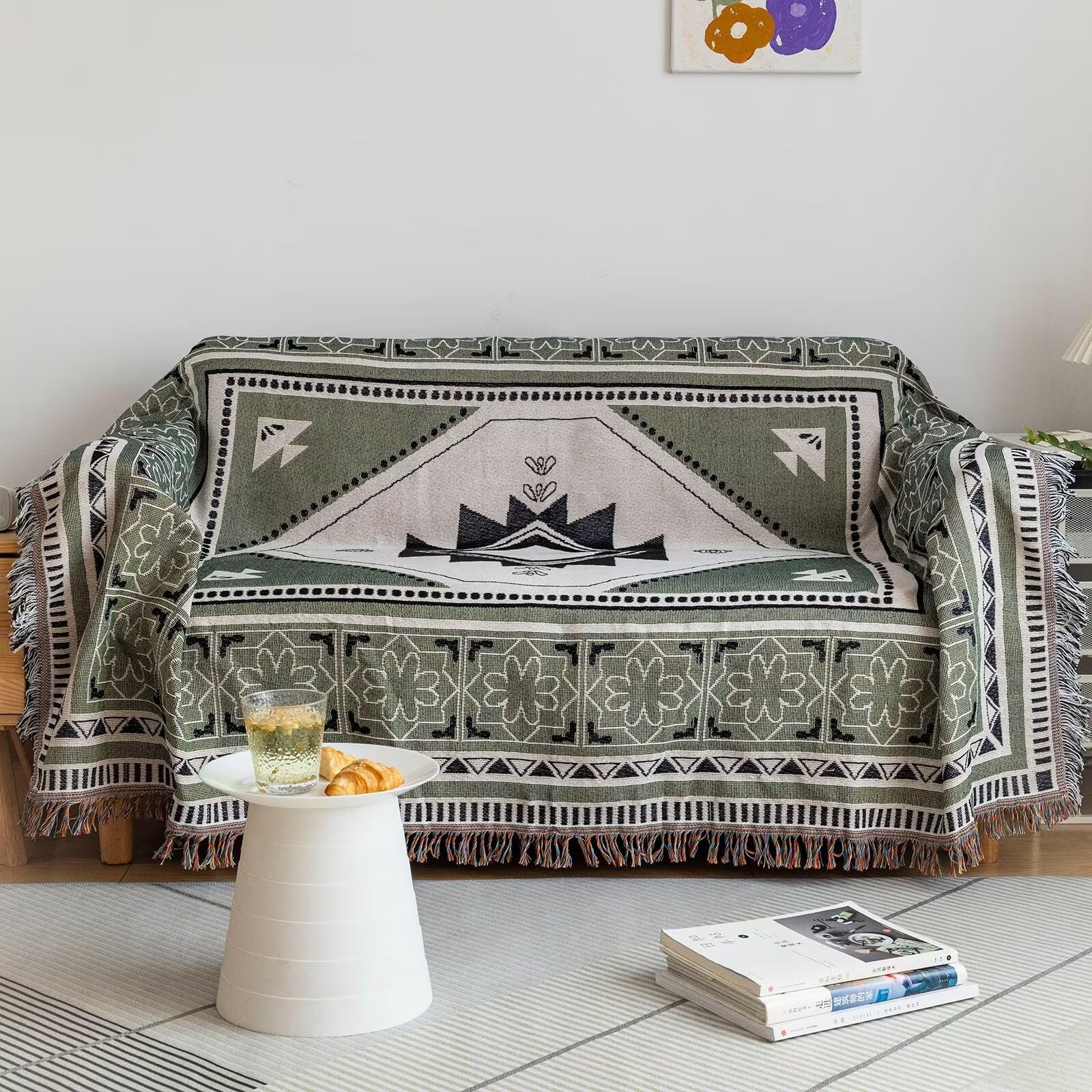 Vclife Boho Sofa Cover Xxl Couch Cover For 3-4 Cushion Couch Sofa Sage Green Geometry Loveseat Cover For Dog Cotton Linen Furnit