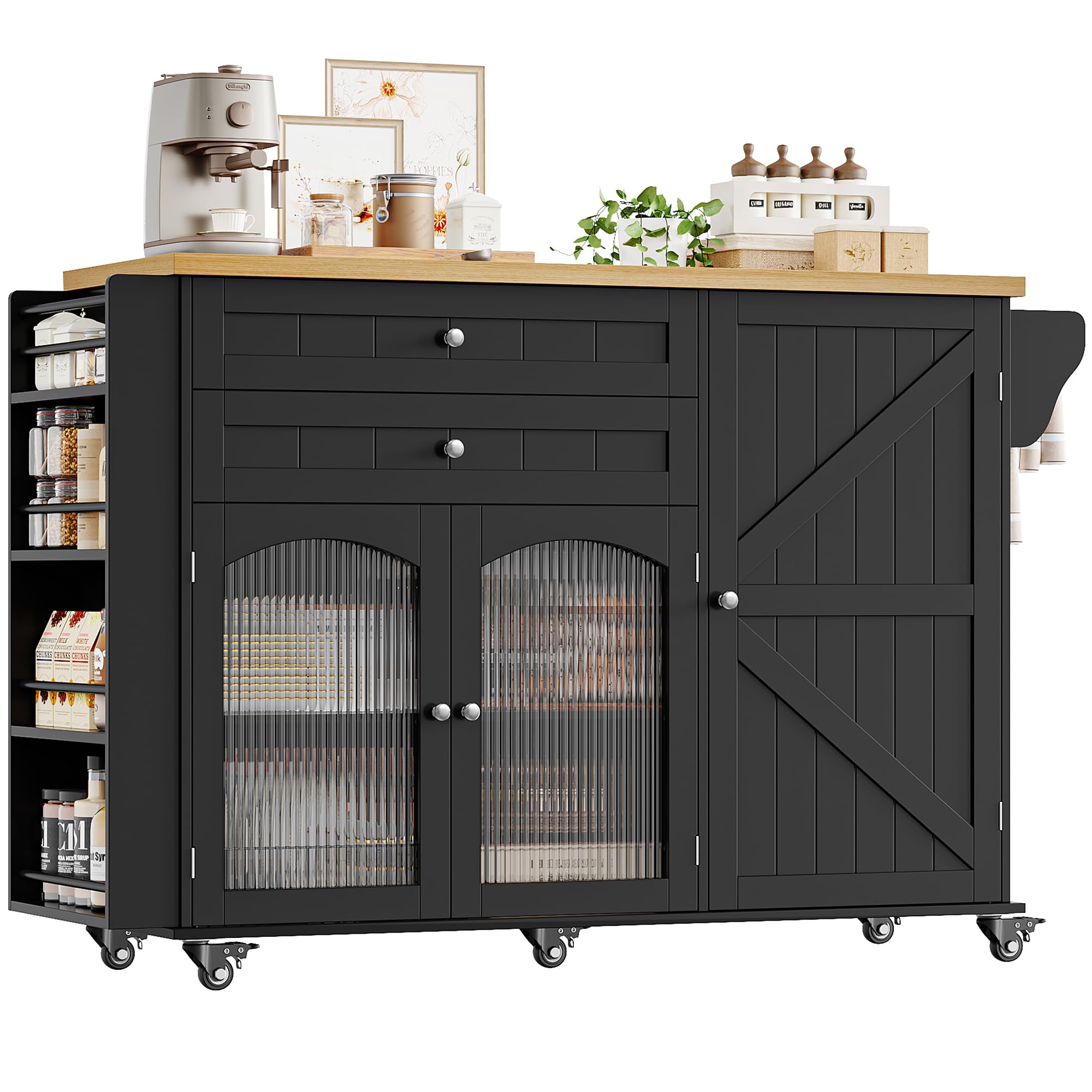 Finetones Kitchen Island With Storage, Rolling Kitchen Island On Wheels With Wood Drop Leaf Countertop, Island Table Bar Cart Wi