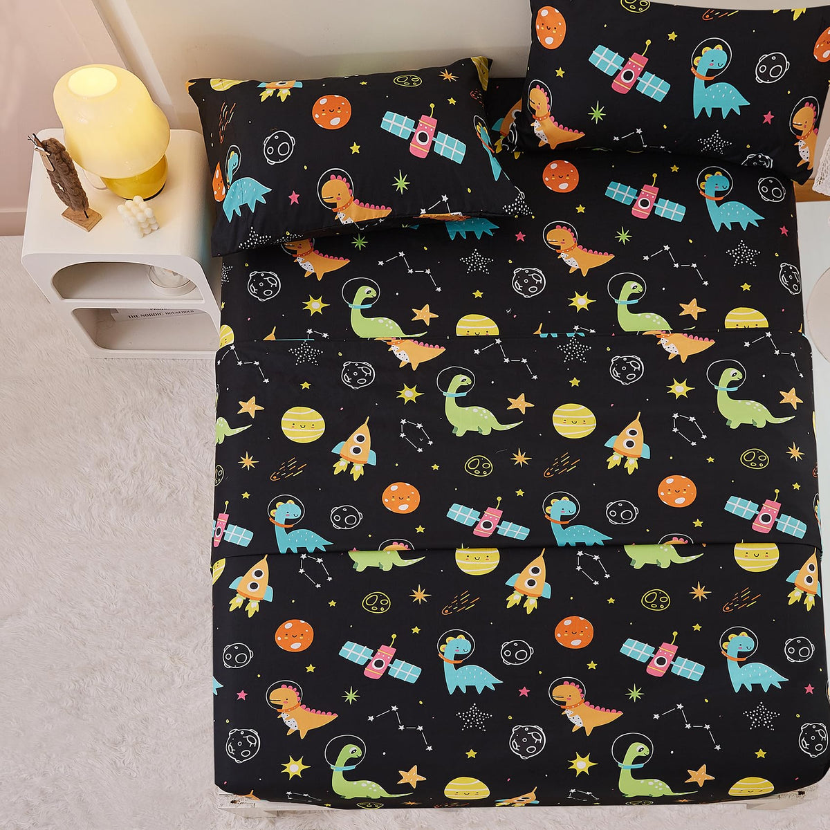 Yibeizi Space Dinosaur Full Size Sheet Set For Boys, Kids Cute Planet Printed Microfiber Bedsheet Deep Pocket Bedding Sheets & P