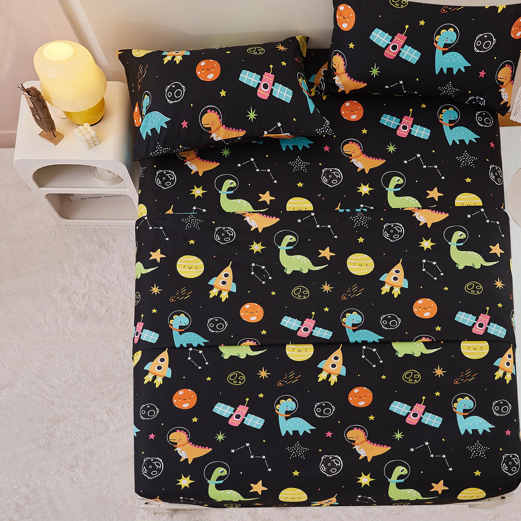 Yibeizi Space Dinosaur Full Size Sheet Set For Boys, Kids Cute Planet Printed Microfiber Bedsheet Deep Pocket Bedding Sheets & P
