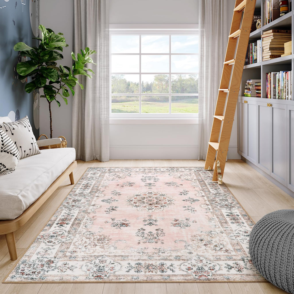 Lahome Washable 6X9 Area Rugs For Living Room, Soft Floral Pink Large Low Pile Rug For Nursery And Girls, Boho Ultra-Thin Non-Sl