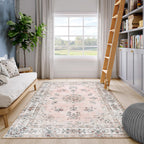 Lahome Washable 6X9 Area Rugs For Living Room, Soft Floral Pink Large Low Pile Rug For Nursery And Girls, Boho Ultra-Thin Non-Sl