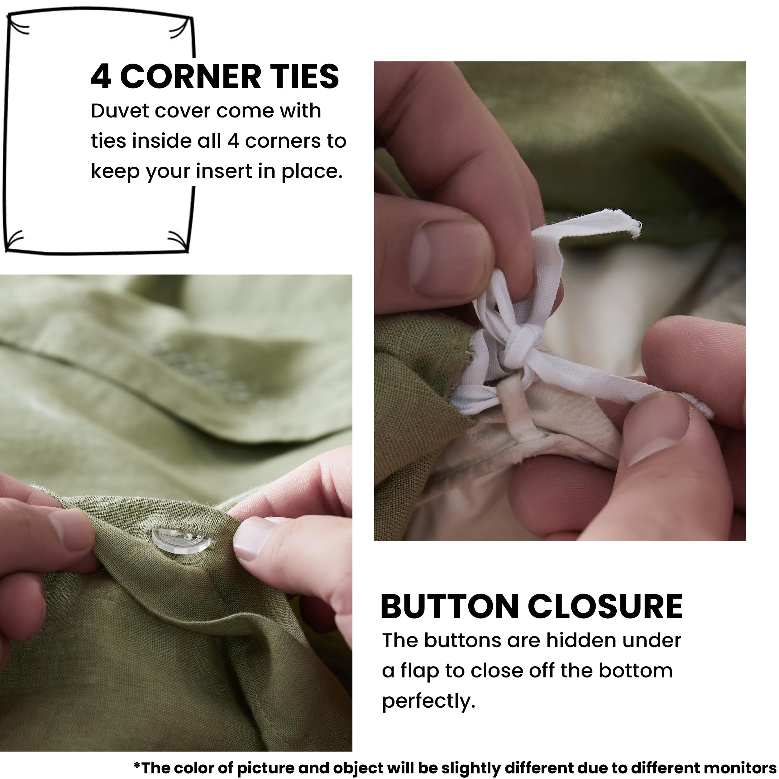 Simple&Opulence 100% Linen Duvet Cover Set With Crossed Embroidery Washed - 3 Pieces (1 Duvet Cover With 2 Pillow Shams) Soft Breathable Farmhouse - Sage Green, King Size