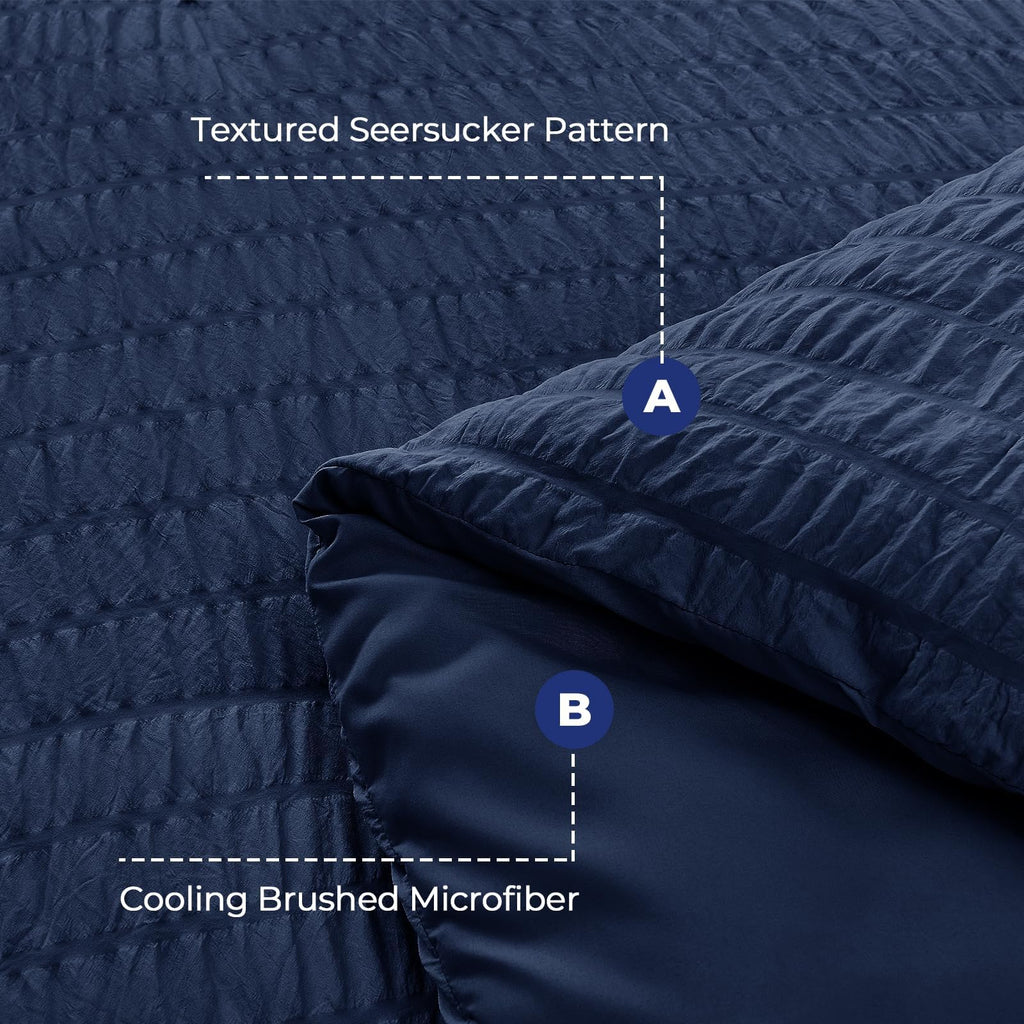 Hymokege Navy Blue Queen Comforter Set Seersucker 7 Pieces, All Season Luxury Bed In A Bag For Bedroom, Bedding Set With Comfort