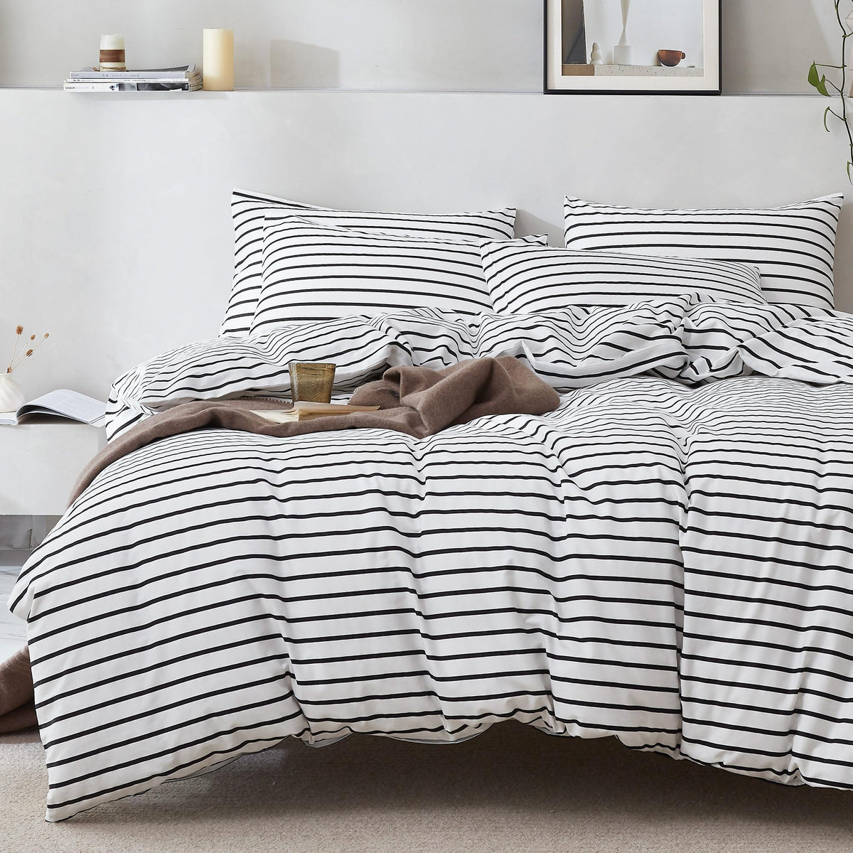Jellymoni 100% Natural Cotton 3Pcs Striped Duvet Cover Sets, White Duvet Cover With Thick Black Stripes Pattern Printed Comforte