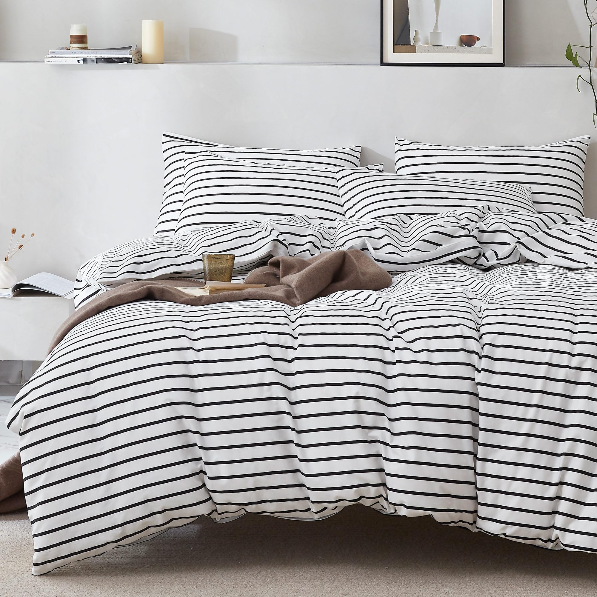 Jellymoni 100% Natural Cotton 3Pcs Striped Duvet Cover Sets, White Duvet Cover With Thick Black Stripes Pattern Printed Comforte
