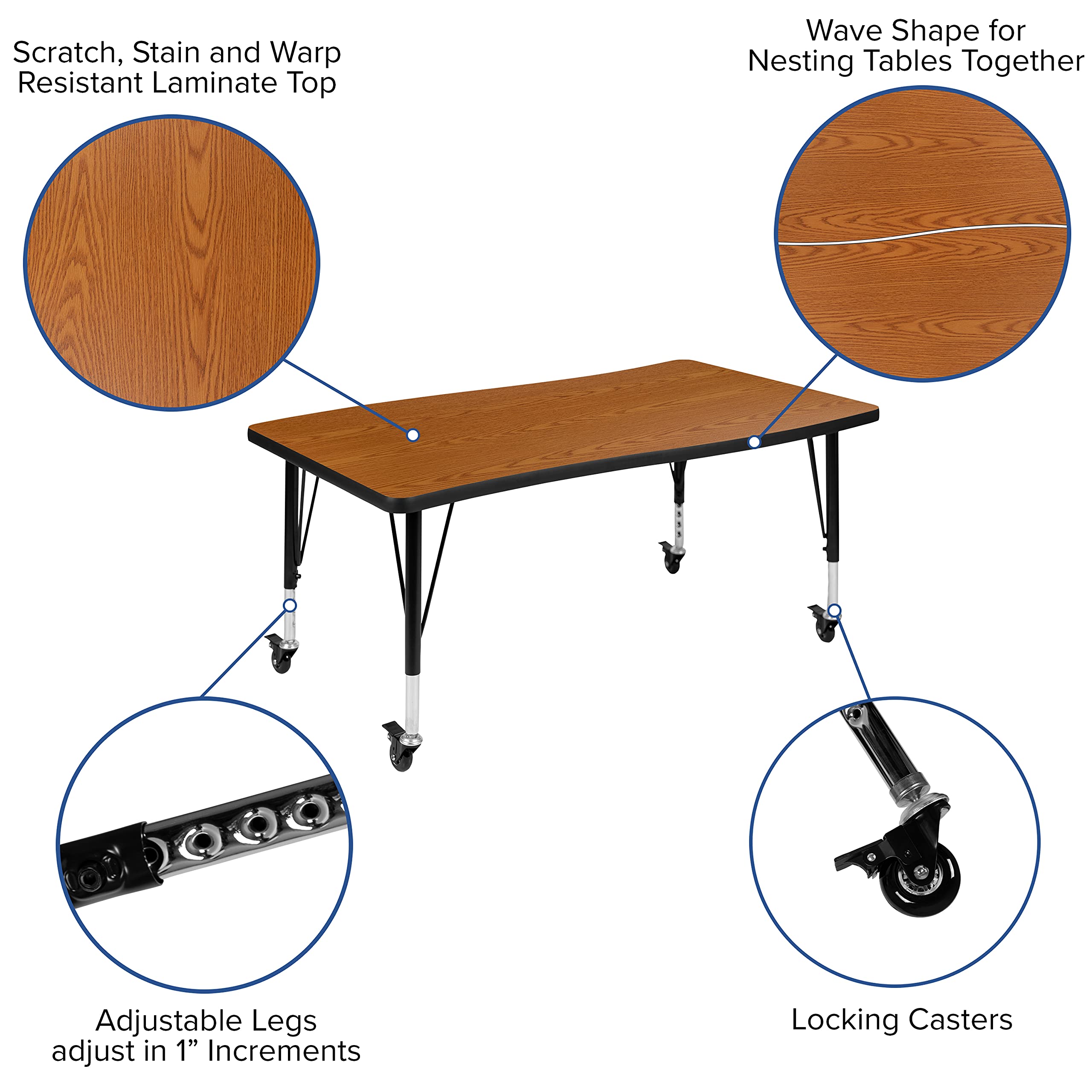 Flash Furniture 3 Piece Mobile 76' Oval Wave Collaborative Oak Thermal Laminate Activity Table Set - Height Adjustable Short Legs