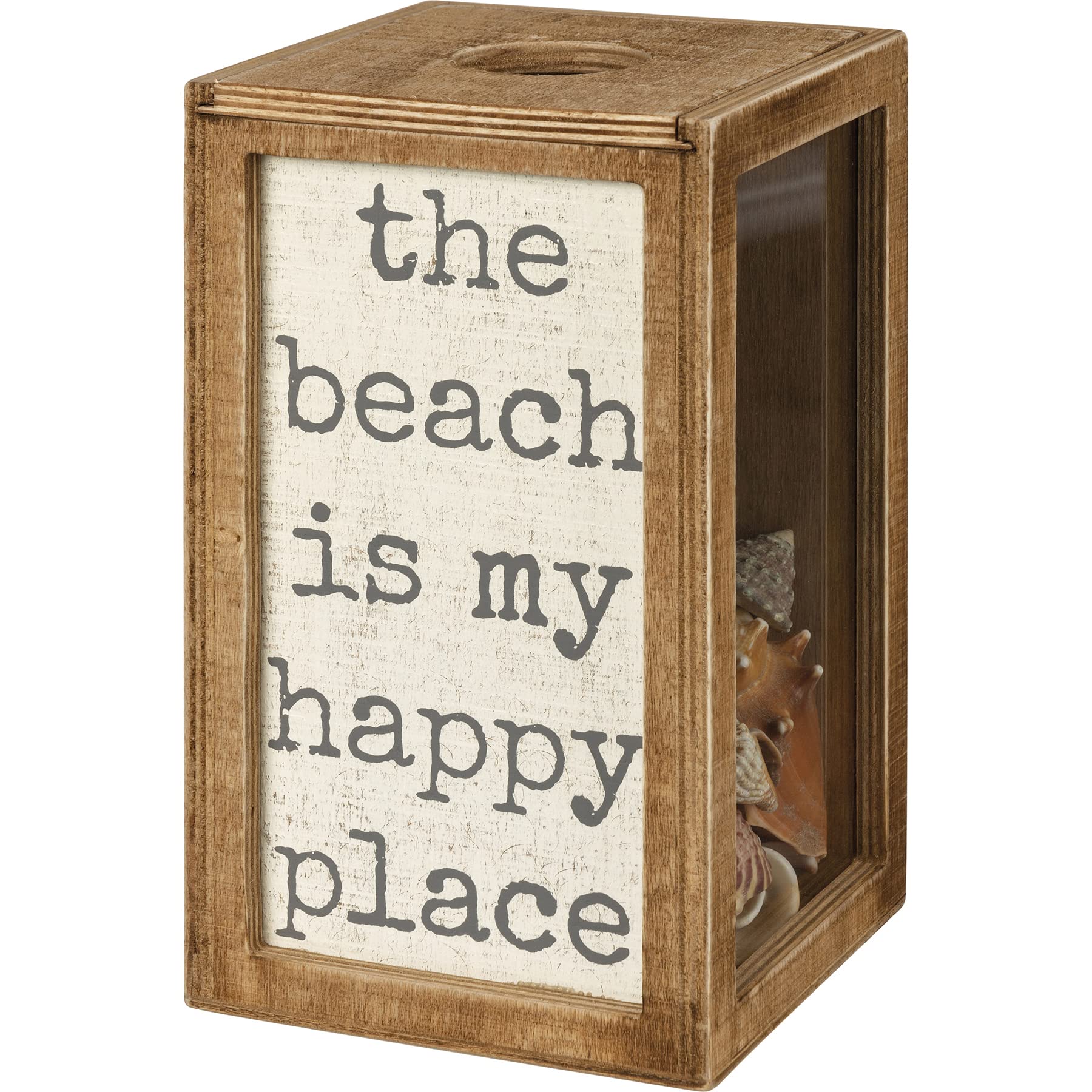 Primitives By Kathy Seashell Holder - Coastal Decor, Glass Display, Treasure Chest, Room And Bedroom Decor, Brown Wood
