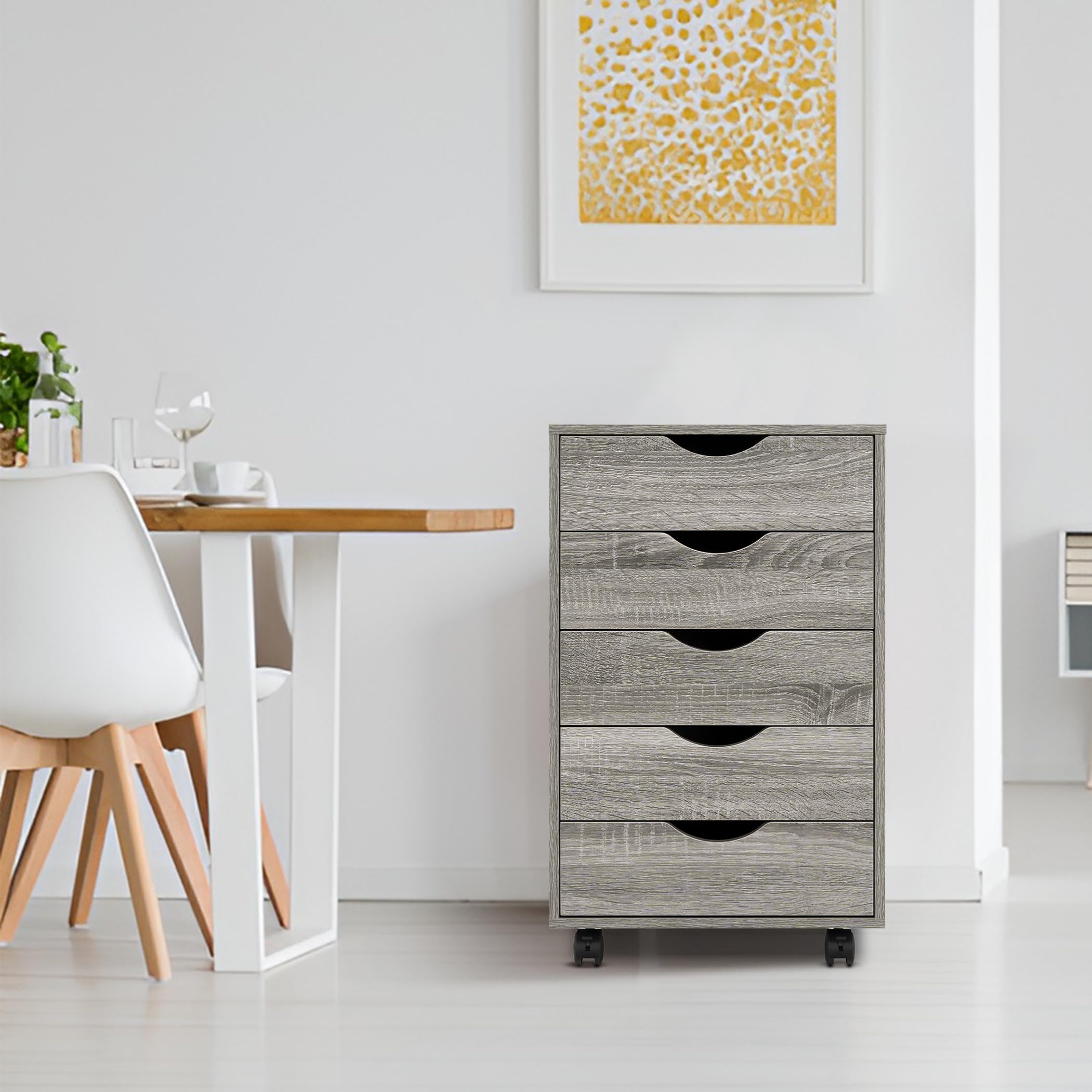 Naomi Home Taylor 5 Drawer Chest, Wood Storage Dresser Cabinet with Wheels, Craft Storage Organization, Makeup Drawer Unit for C