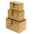 FEILANDUO Shelf Baskets with Lid Set of 3 Handwoven Seagrass Storage Box Wicker Basket Desktop Makeup Organizer Multipurpose Con
