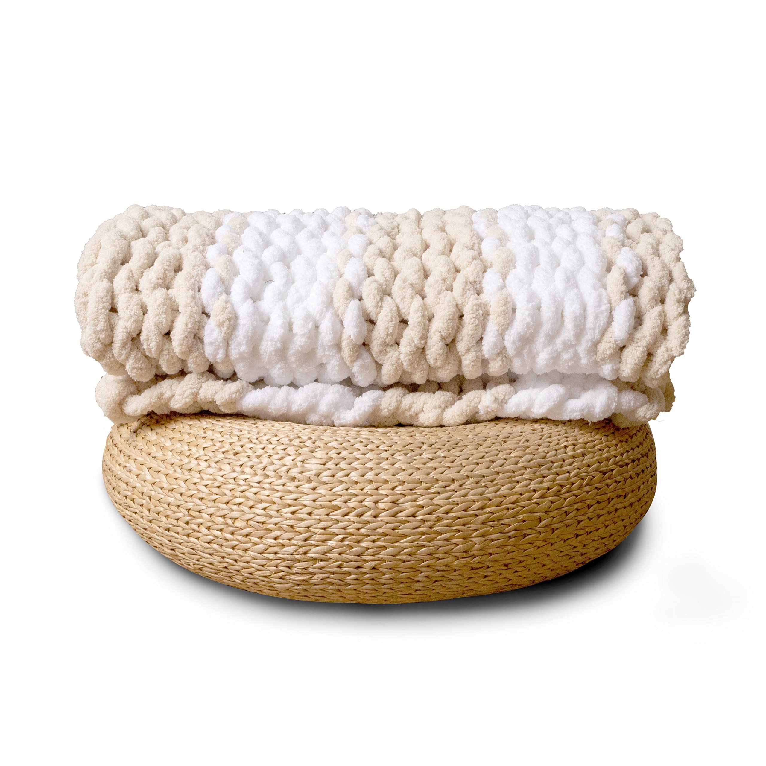 Adyrescia Chunky Knit Blanket Throw | 100% Hand Knit With Jumbo Chenille Yarn (50'X60', Oatmeal And White Stripes)