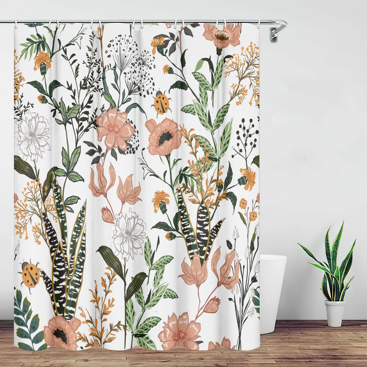 Bivinar Extra Long Green Boho Floral Shower Curtain 72 X 84 Inch, Flower Leaves Boho Chic Bathroom Curtain, Waterproof Fabric Pl