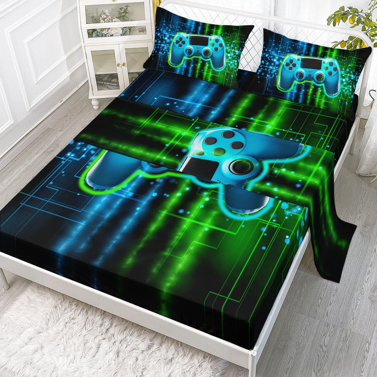 Datura Home Video Gamer Sheet Set 4Pcs Kids Green Black Gamepad Modern Gamer Gaming Printed Sheet Set With 1 Flat Sheet And 1 Fi