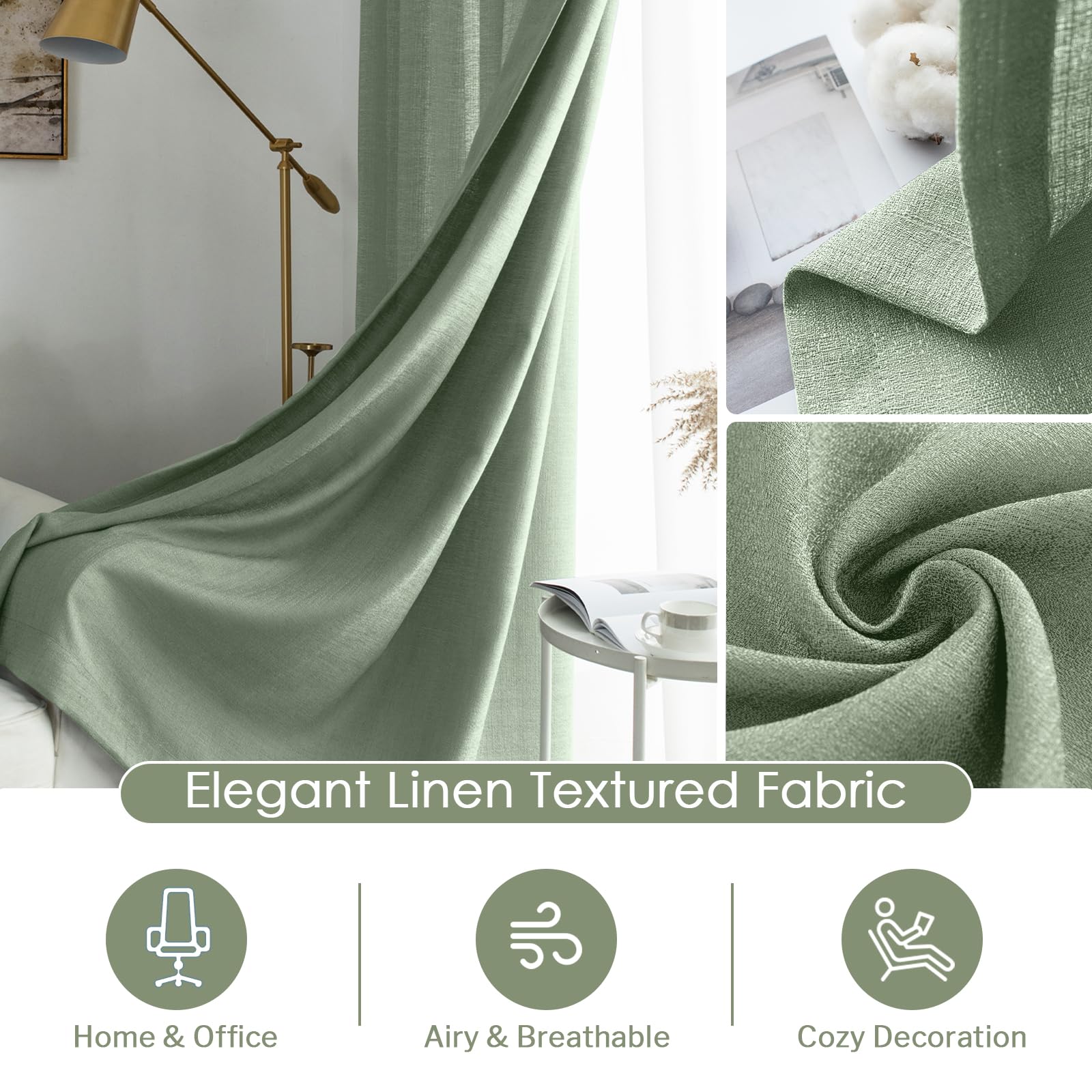 Melodieux Sage Green Semi Sheer Curtains 54 Inch Length For Bedroom Living Room, Faux Linen Window Privacy Sheer Drapes Rod Pock