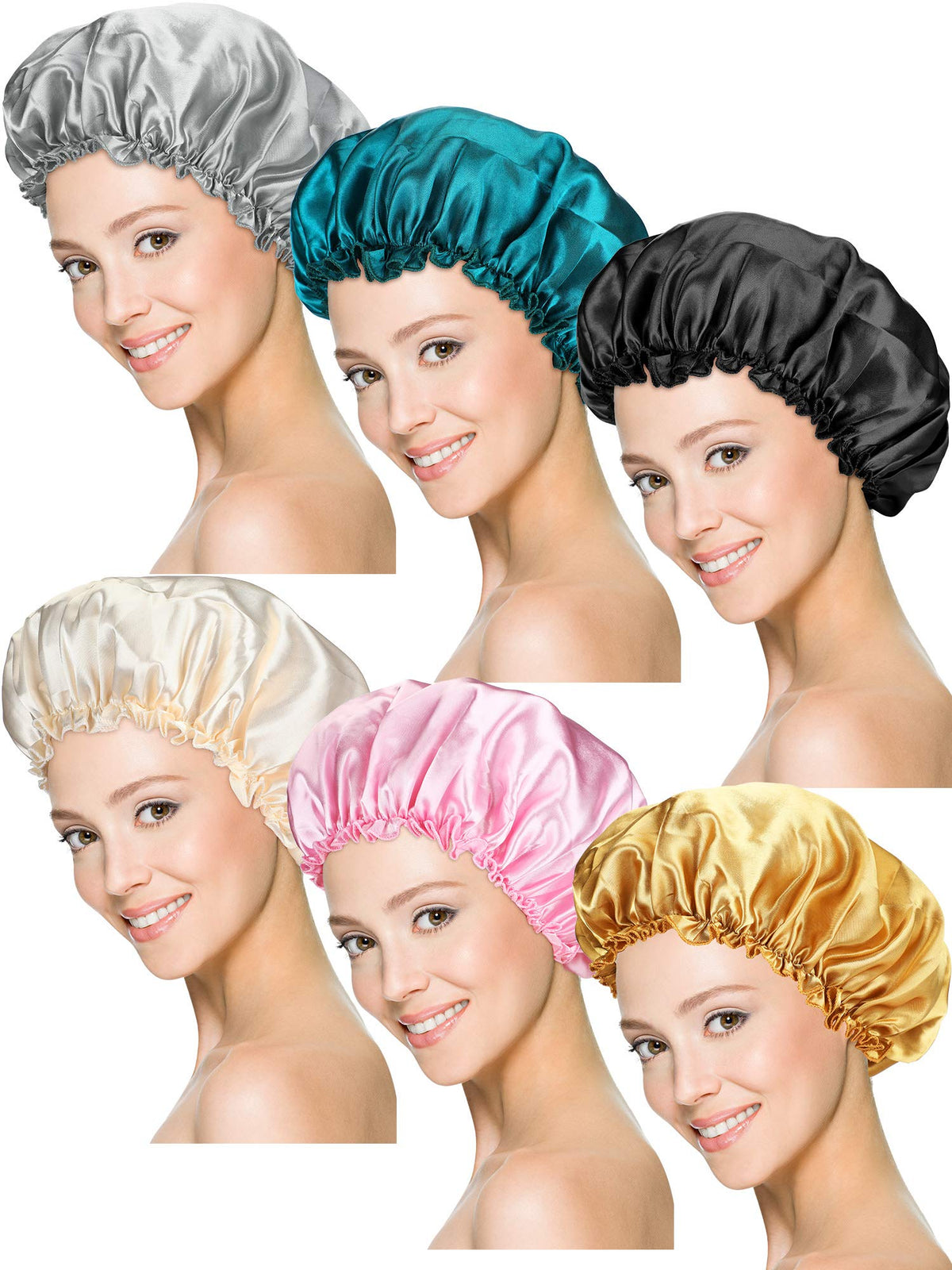 Syhood 6 Pieces Sleep Cap Satin Bonnet Sleeping Hat Soft Elastic Night Hair Cover for Women(Black, Beige, Silver, Gold, Pink, Pe