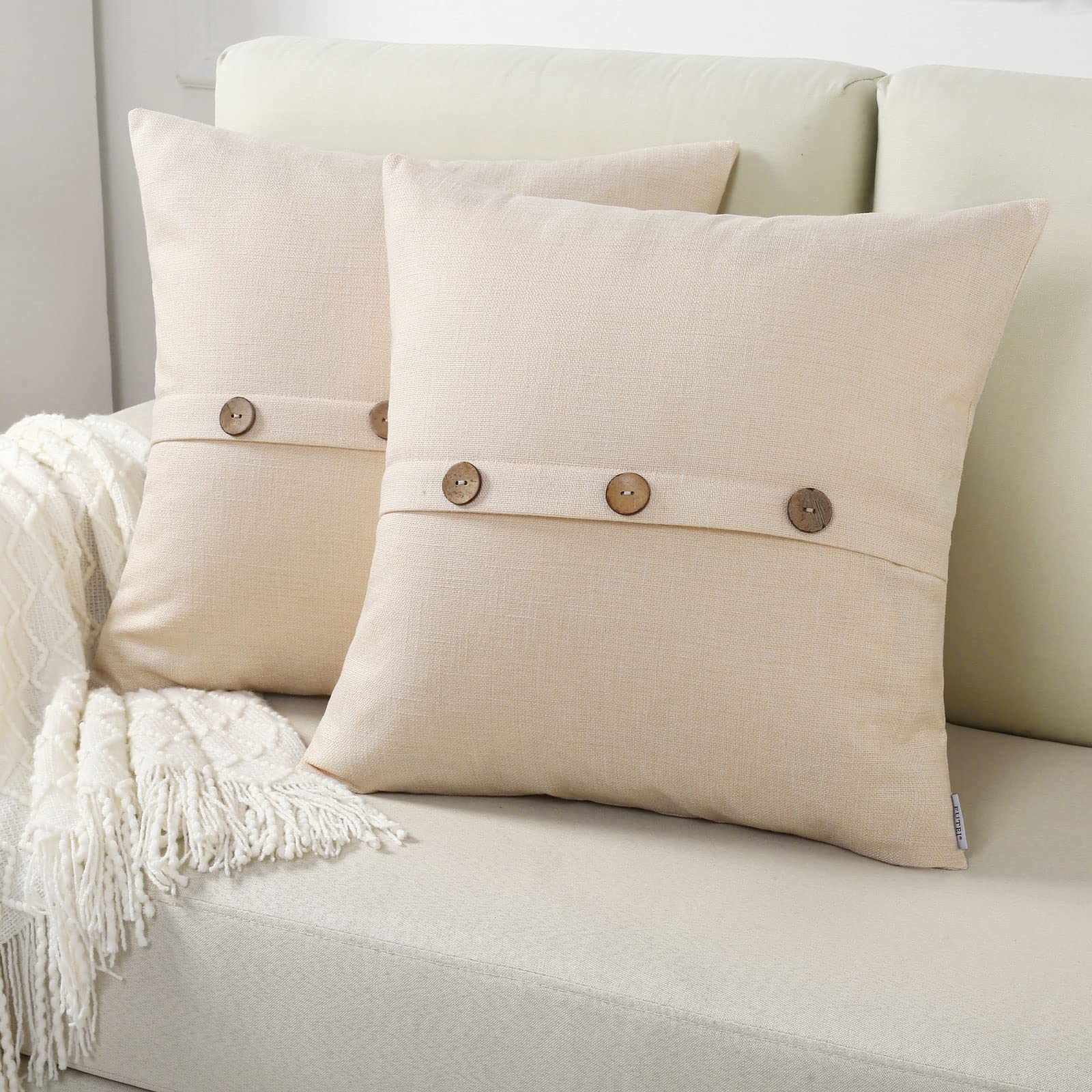 Futei Beige Linen Decorative Throw Pillow Covers 26X26 Inch Set Of 2, Square Euro Shams Cushion Case With Vintage Button/Zipper,