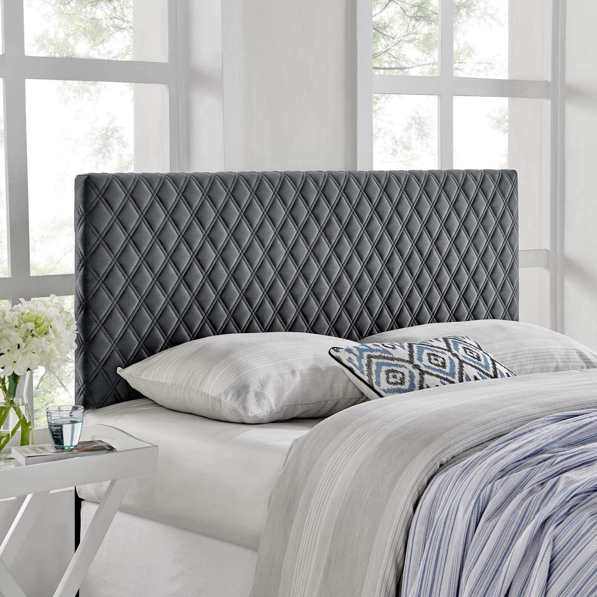 Modway Mod-6209 Angela Tufted Diamond Lattice Performance Velvet Upholstered Twin Headboard In Charcoal