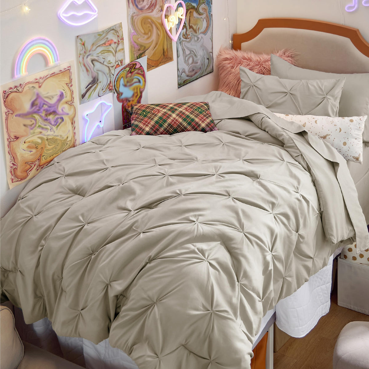Bedsure Twin Size Comforter Sets - 5 Pieces Pintuck Bed Set Twin Size, Beige Twin Size Bed In A Bag With Comforter, Sheets, Pill