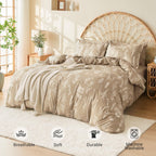 Muxhomo Beige Full Comforter Set, Elegant Floral Print Bed In A Bag 7 Pieces, Ultra Soft & Breathable Reversible Botanical Patte