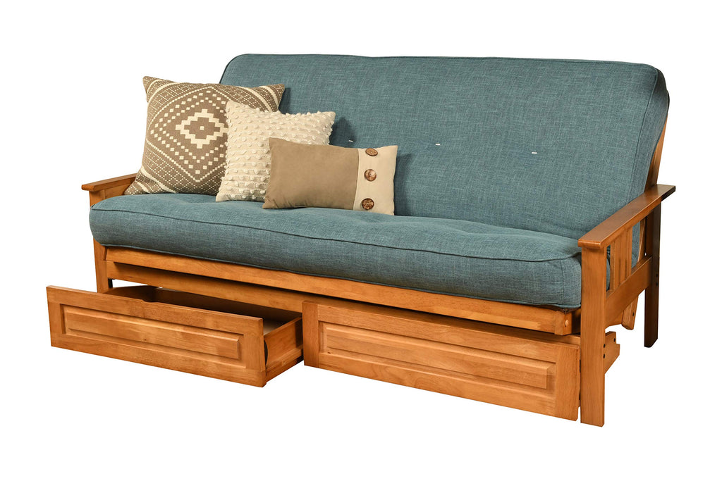 Kodiak Furniture Monterey Futon Set with Storage Drawers, with Butternut Base and Linen Aqua Mattress