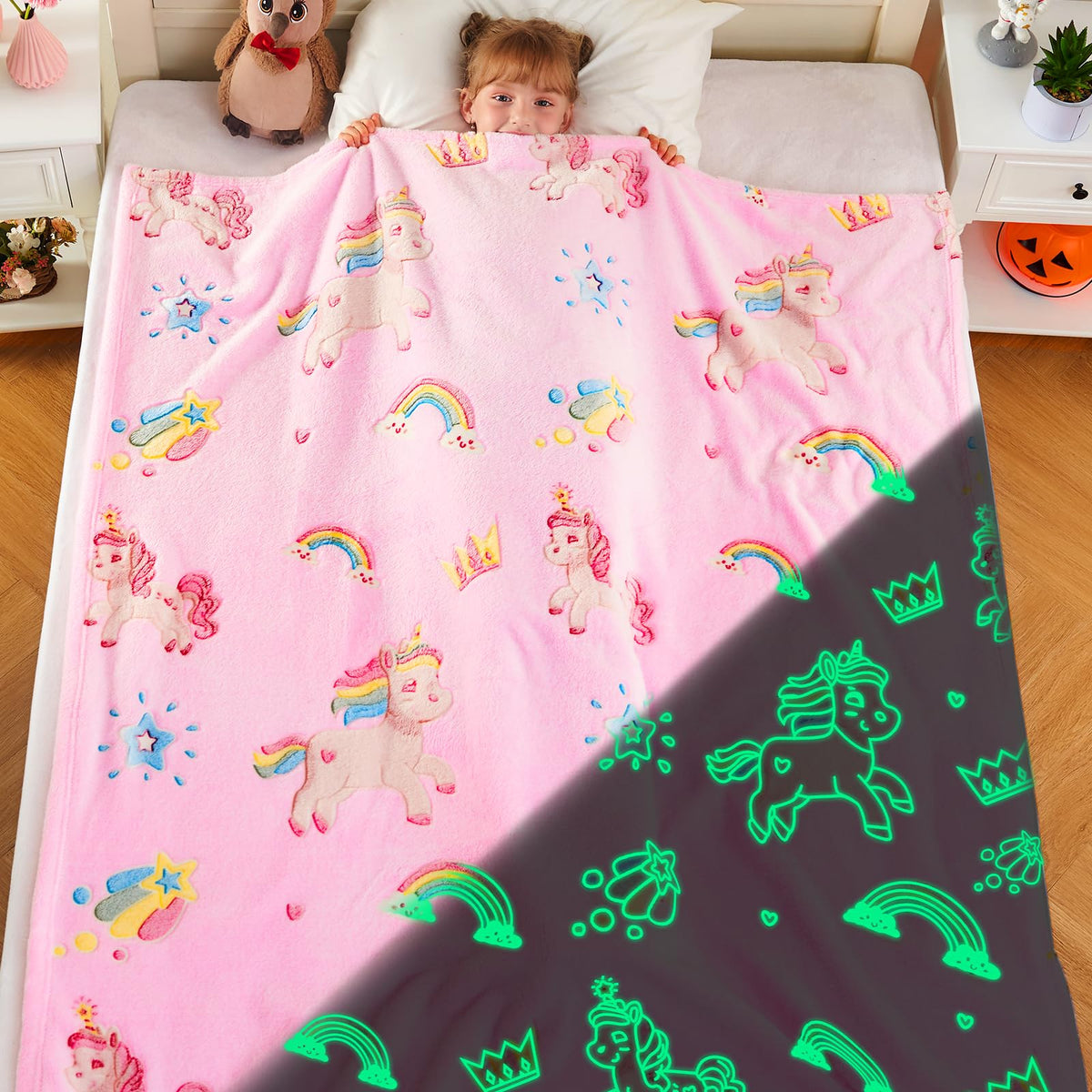 Inhand Glow In The Dark Blanket Unicorn Kids Throw Blanket For Couch Unicorn Soft Fleece Blanket Gift For 4-12 Girls Fuzzy Room