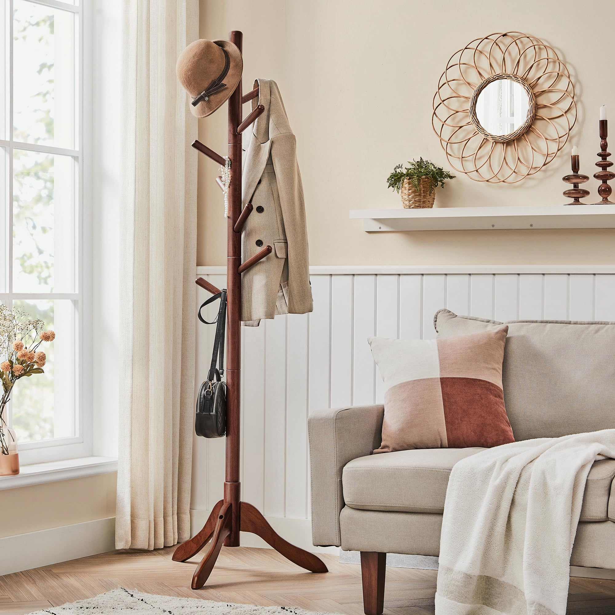 Vasagle Solid Wood Coat Rack, Free Standing Coat Rack, Tree-Shaped Coat Rack With 8 Hooks, 3 Height Options, For Clothes, Hats, Bags, For Living Room, Bedroom, Home Office, Dark Walnut Urcr01Wn