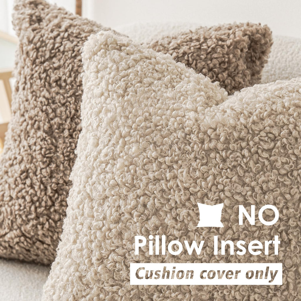 Foindtower 2 Pieces 22X22 Inch Light Khaki, Faux Fur Throw Pillow Cover Accent Sherpa Pillow Fuzzy Soft Pillowcases Sheepskin De