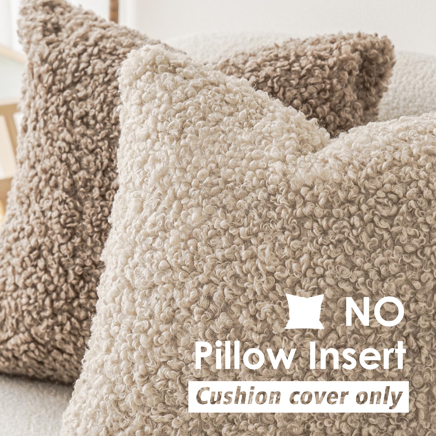Foindtower 2 Pieces 22X22 Inch Light Khaki, Faux Fur Throw Pillow Cover Accent Sherpa Pillow Fuzzy Soft Pillowcases Sheepskin De
