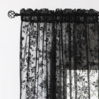 Black Floral Lace Curtains For Bedroom Living Room, 95'' Length Long Vintage Delicate Rose And Leaf Embroidered Sheer Curtains,