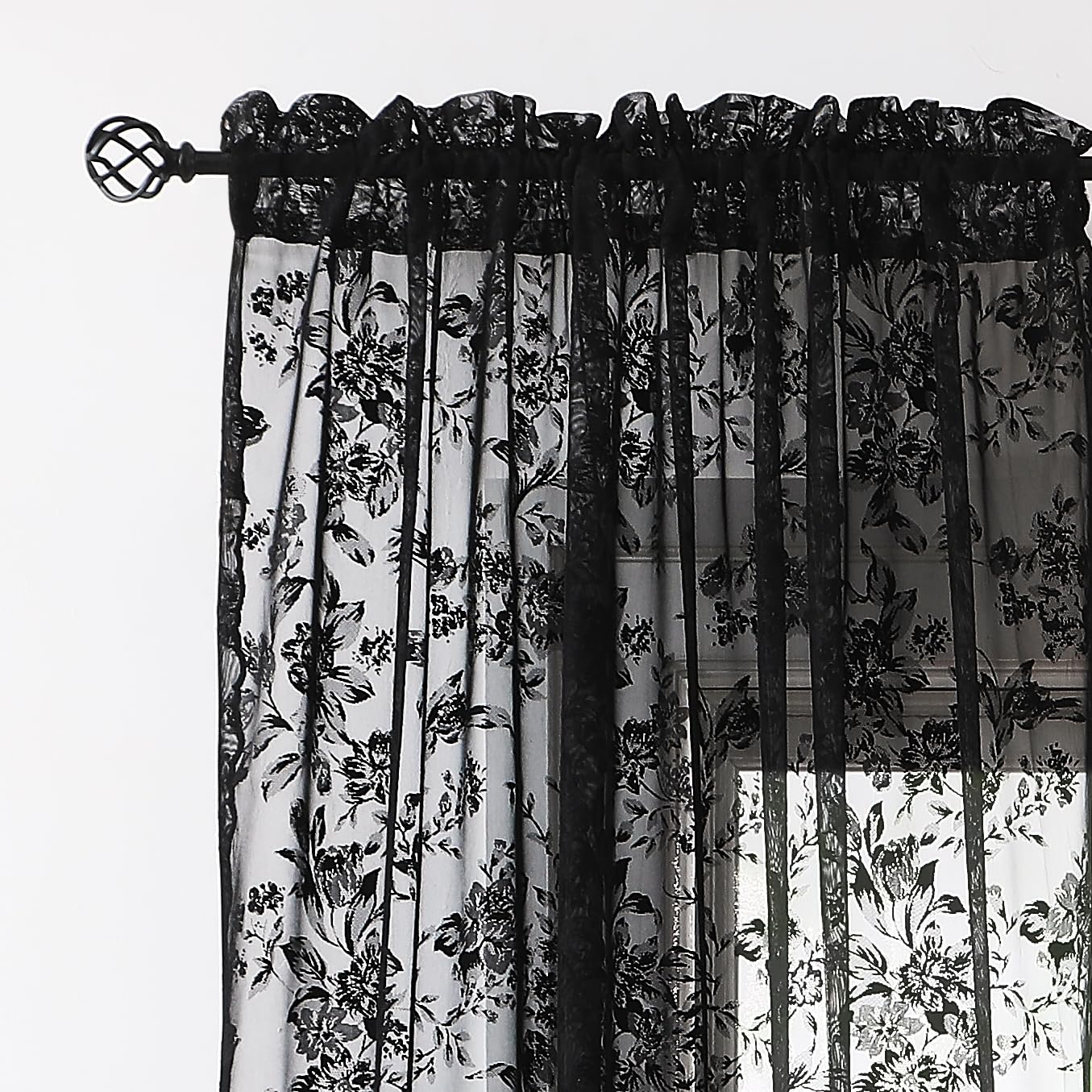 Black Lace Curtains For Living-Room 84 Inch Length, Fine Rose And Leaf Embroidered Light Filtering French Country Curtains For B