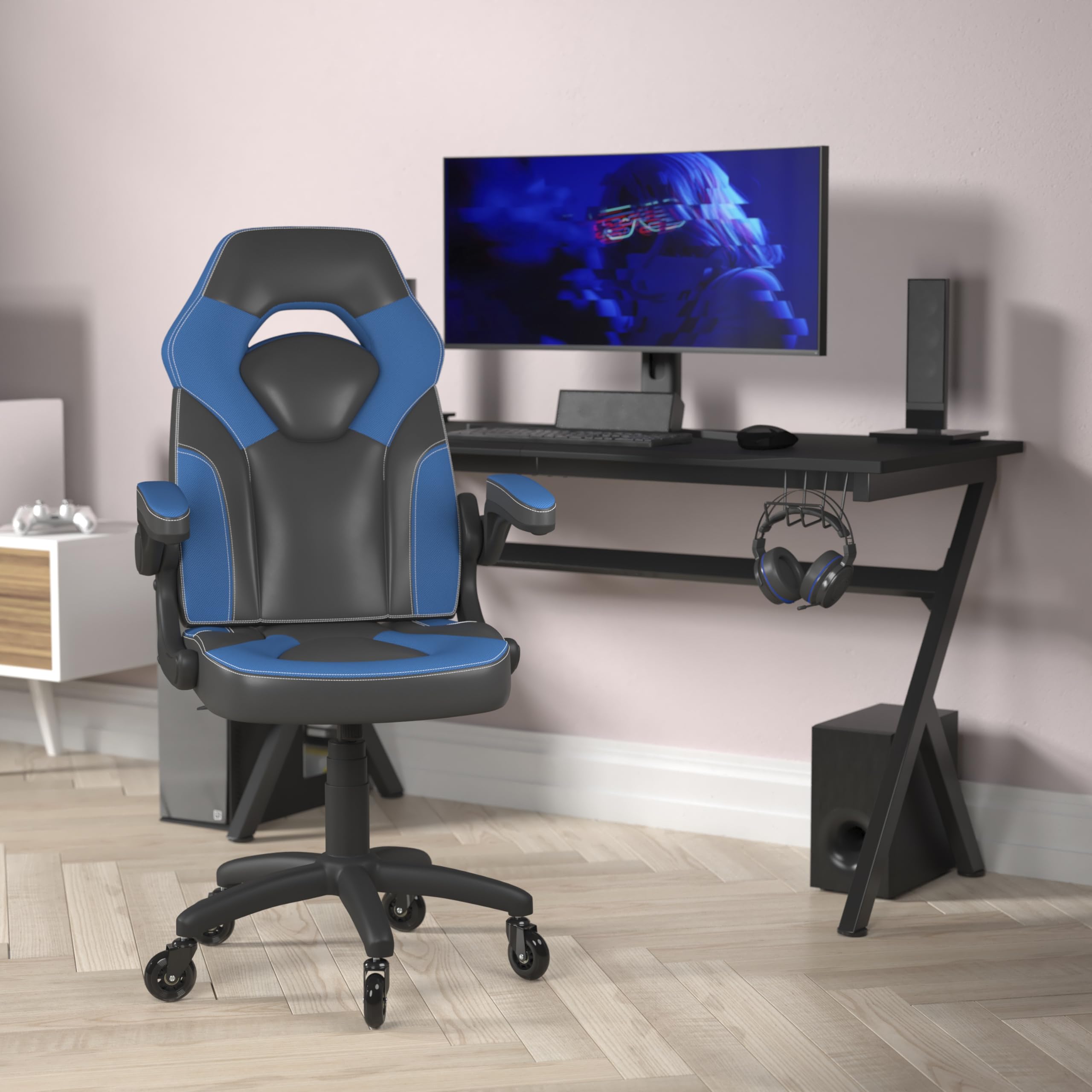 Flash Furniture X10 Gaming Chair Racing Office Computer Pc Adjustable Chair With Flip-Up Arms And Transparent Roller Wheels, Blue/Black Leathersoft