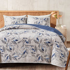Joyreap Quilt Set California King- 102x114 inches, 3 Pieces Lightweight Microfiber Quilt, Botanical Blue Leaves on Light Gray De