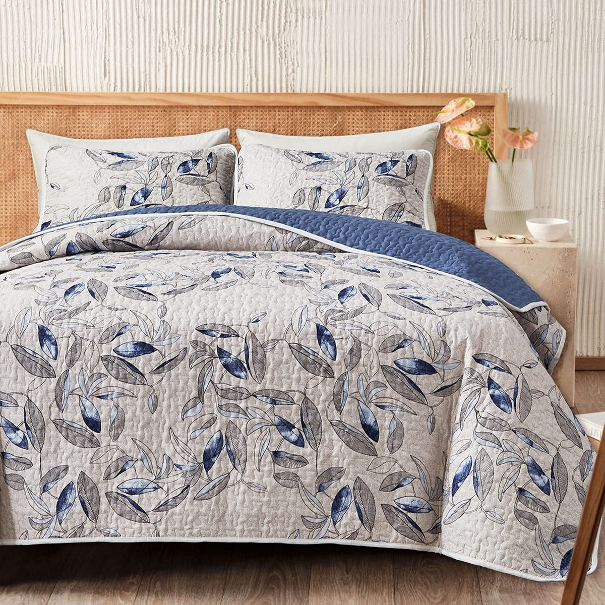 Joyreap 3 Pieces Microfiber Quilt Set, Botanical Blue Leaves On Light Gray Reversible Design, Bedspread Bed Cover For All Season