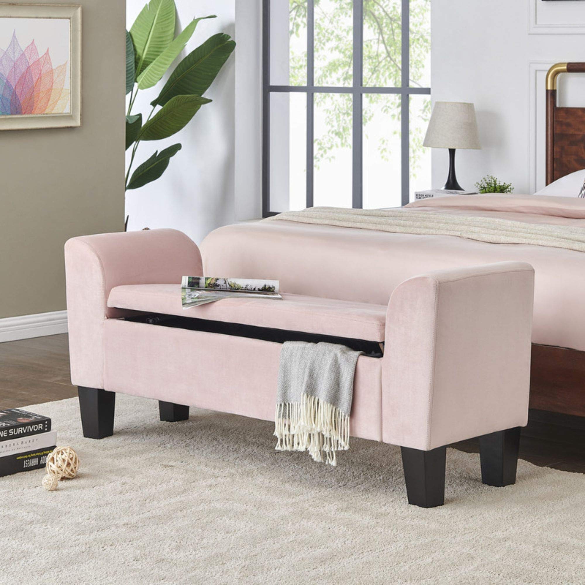 Contemporary Home Living Bedroom Velvet Bench with Storage in Pink