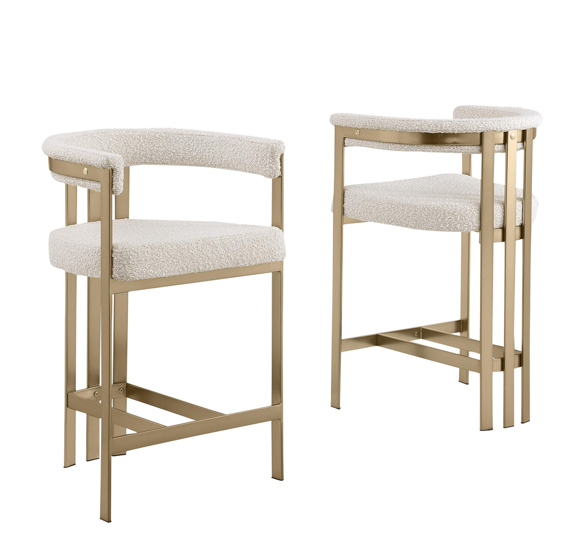 Best Quality Furniture Modern Upholstered Bar Stool With Cream Boucle Fabric – Matte Brushed Chrome Legs In Gold – Versatile Living Room & Dining Room Seating – Set Of 2