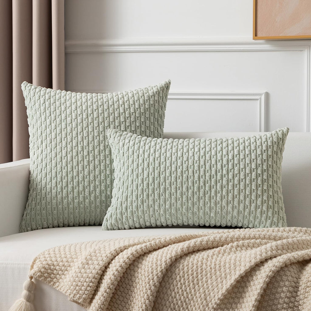 Kevin Textile Pack Of 2 Corduroy Decorative Throw Pillow Covers 16X16 Inch Spring Soft Boho Striped Pillow Covers Modern Farmhouse Home Decor For Spring Sofa Living Room Couch Bed Light Green