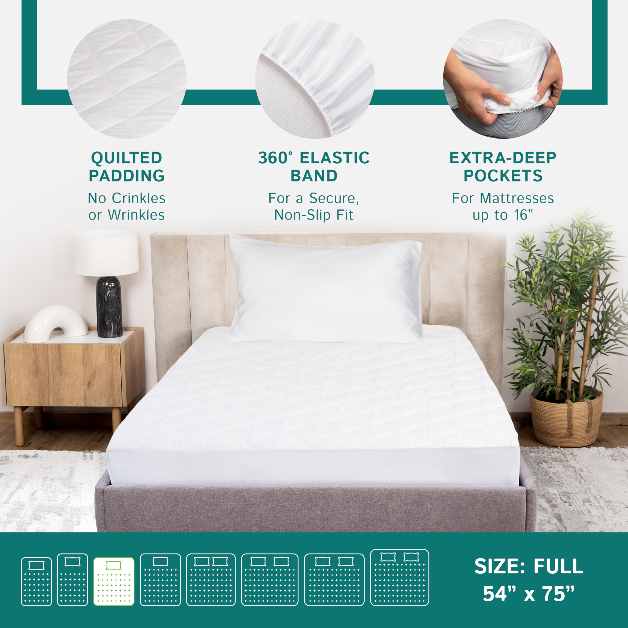 Full Size Quilted Mattress Pad - Fitted Waterproof Mattress Protector, Pillow Top Mattress Topper, Premium Quality Hypoallergeni