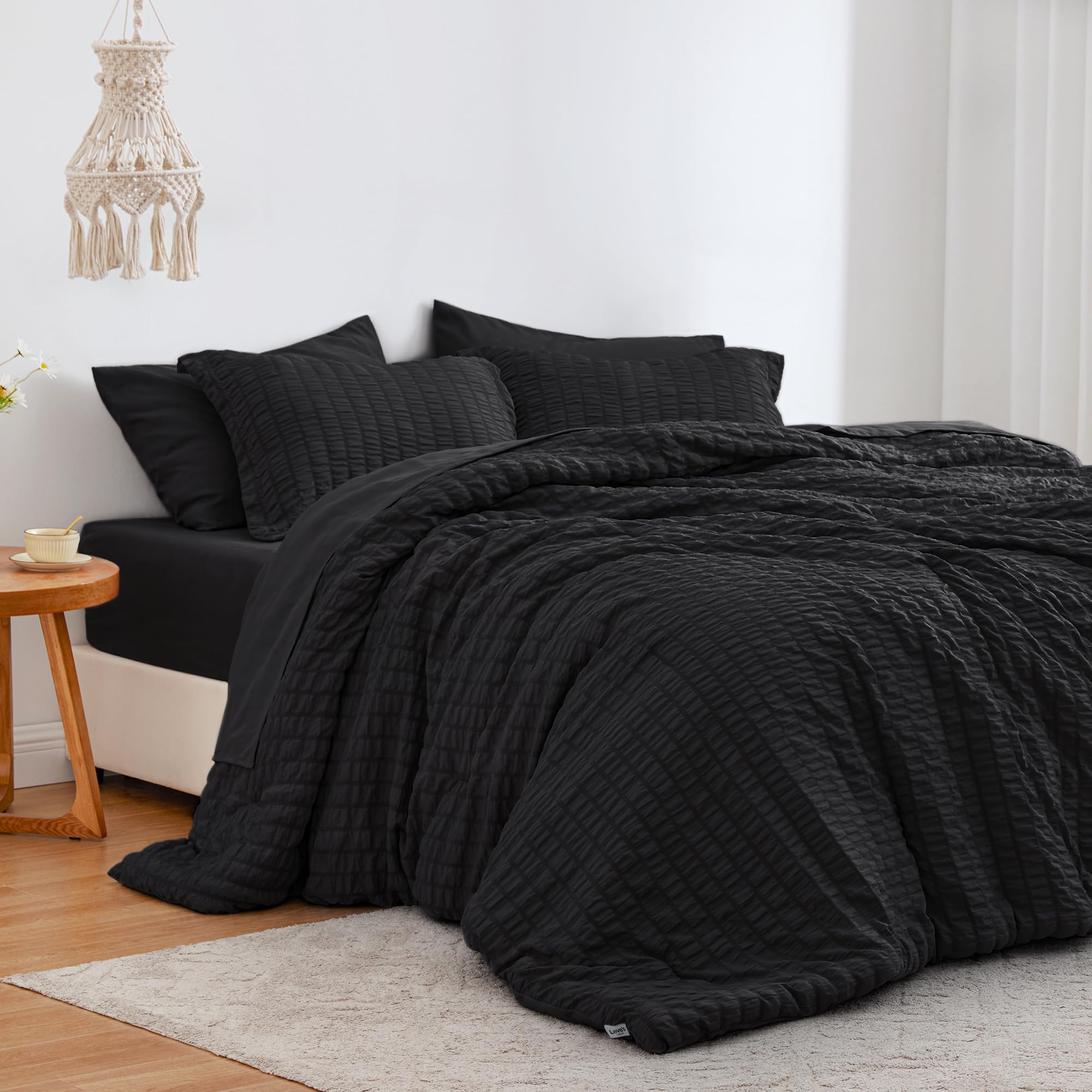 Love'S Cabin Seersucker Black Twin Xl Comforter Set, 5 Pieces Twin Xl Bed In A Bag, All Season Twin Xl Bedding Sets With Comforter, Flat Sheet, Fitted Sheet, Pillowcase And Pillow Sham